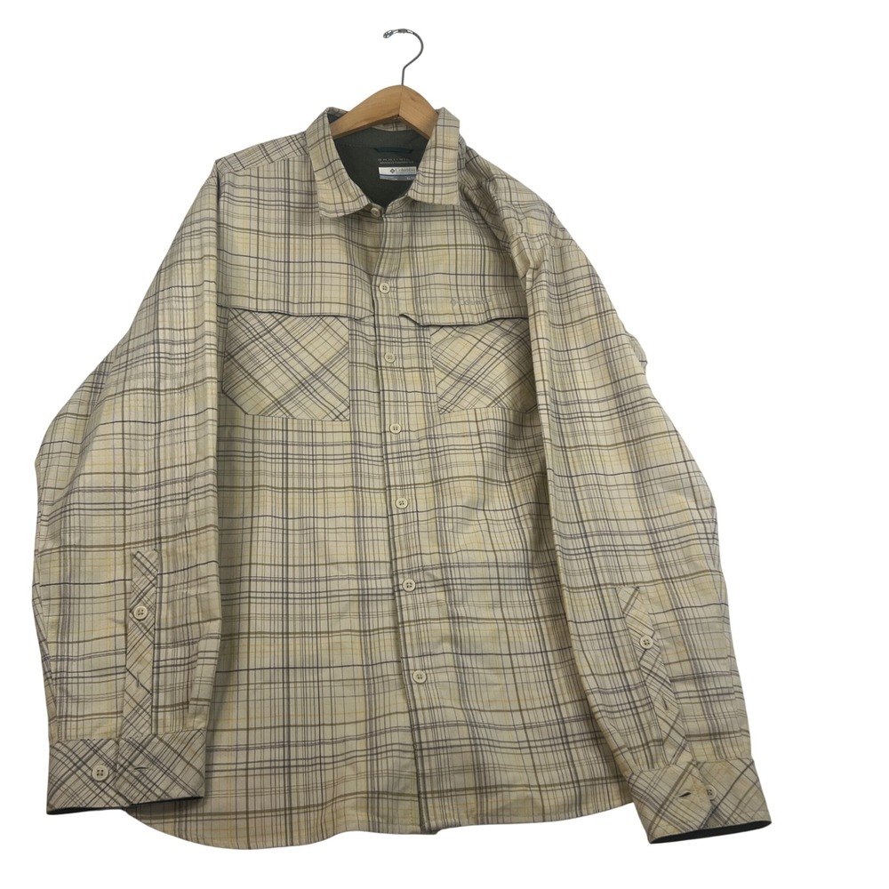 Columbia Omni-Wick Plaid Long Sleeve Button Down Shirt Mens XL Tan Yellow Grey